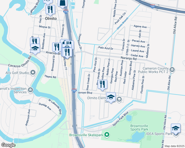 map of restaurants, bars, coffee shops, grocery stores, and more near 6695 Pino Azul Drive in Brownsville