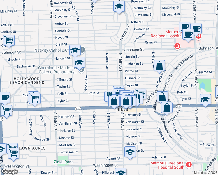 map of restaurants, bars, coffee shops, grocery stores, and more near 4730 Taylor Street in Hollywood