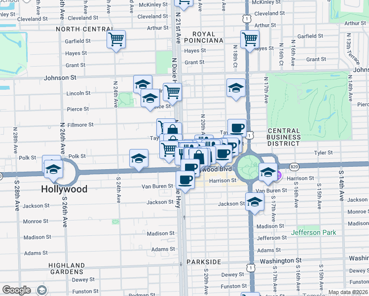 map of restaurants, bars, coffee shops, grocery stores, and more near 2030 Polk Street in Hollywood