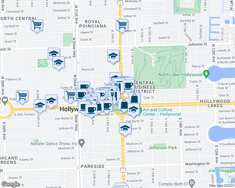 map of restaurants, bars, coffee shops, grocery stores, and more near 1817 North Young Circle in Hollywood