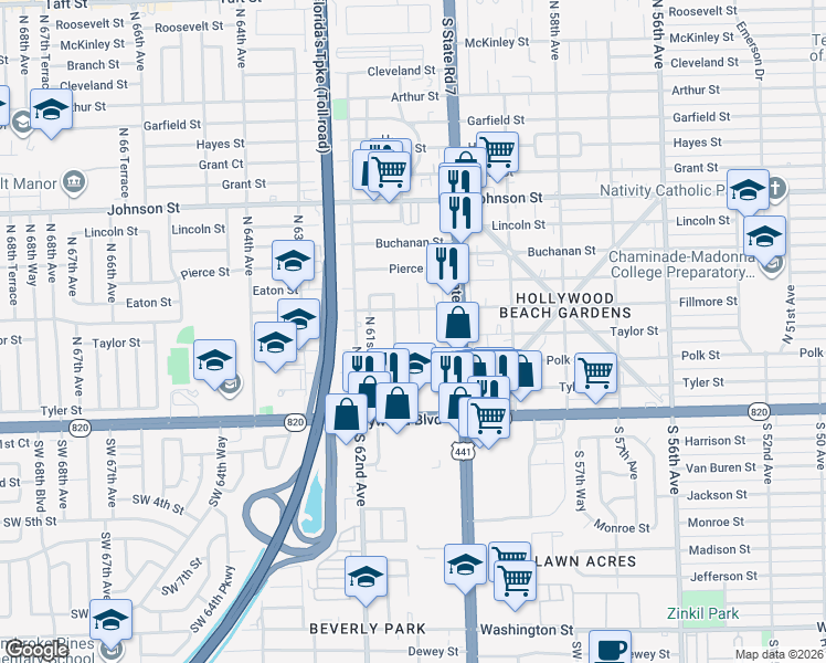 map of restaurants, bars, coffee shops, grocery stores, and more near 404 Northwest 60th Way in Hollywood