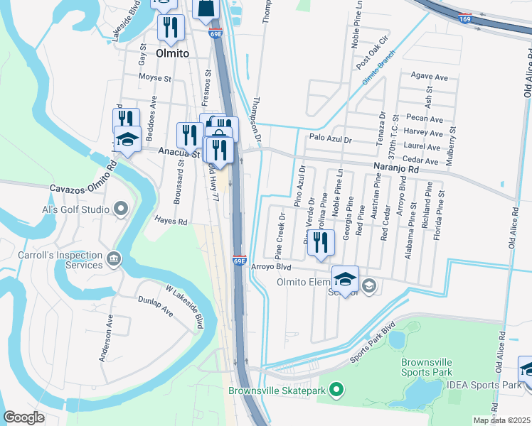 map of restaurants, bars, coffee shops, grocery stores, and more near 6561 Pino Blanco in Brownsville
