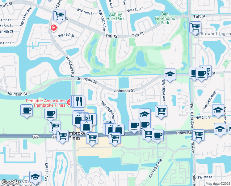 map of restaurants, bars, coffee shops, grocery stores, and more near 10639 Northwest 7th Street in Pembroke Pines
