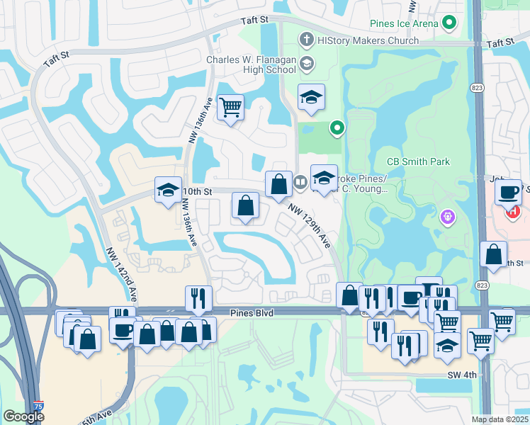 map of restaurants, bars, coffee shops, grocery stores, and more near 861 Northwest 130th Avenue in Pembroke Pines