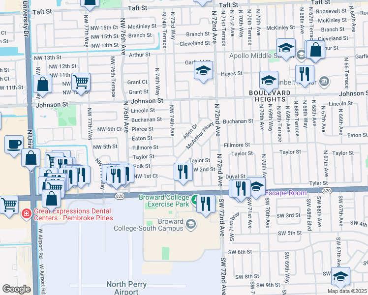 map of restaurants, bars, coffee shops, grocery stores, and more near 7351 McArthur Parkway in Hollywood