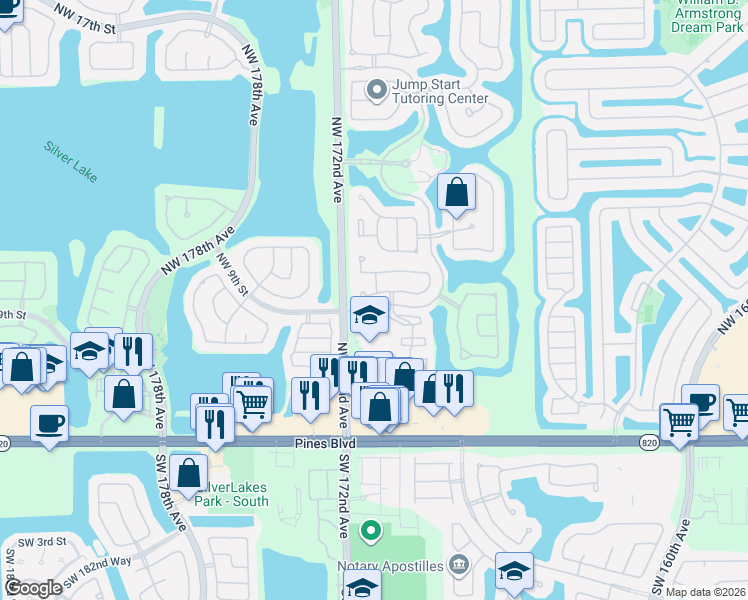 map of restaurants, bars, coffee shops, grocery stores, and more near 17136 Northwest 10th Street in Pembroke Pines
