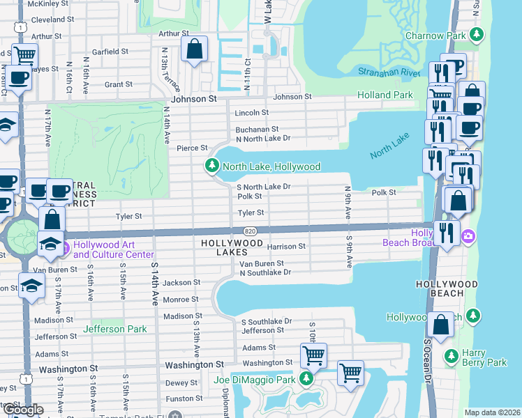 map of restaurants, bars, coffee shops, grocery stores, and more near 1111 Tyler Street in Hollywood