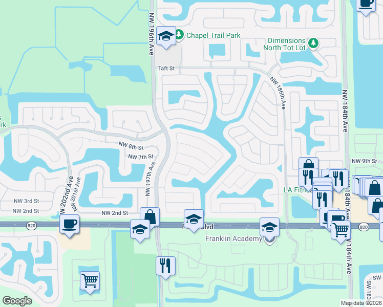 map of restaurants, bars, coffee shops, grocery stores, and more near 19421 Northwest 6th Street in Pembroke Pines