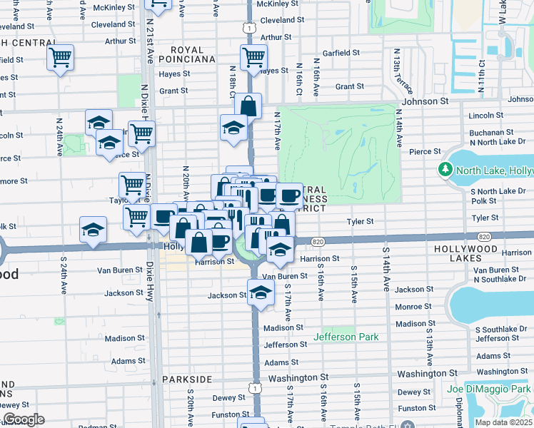 map of restaurants, bars, coffee shops, grocery stores, and more near 1776 Polk Street in Hollywood