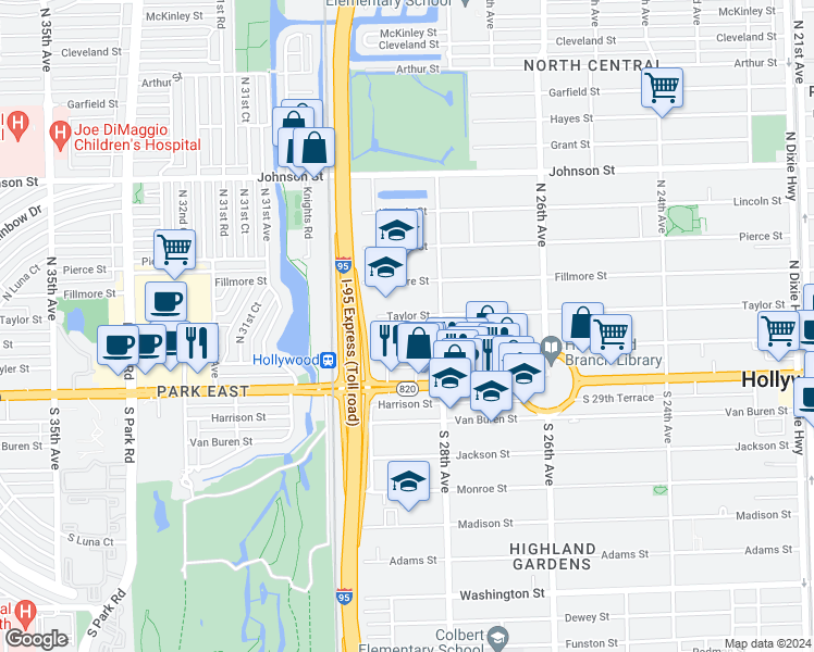 map of restaurants, bars, coffee shops, grocery stores, and more near 2826 Taylor Street in Hollywood