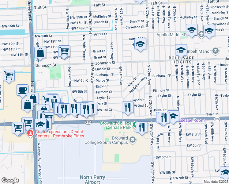 map of restaurants, bars, coffee shops, grocery stores, and more near 7420 Fillmore Street in Hollywood