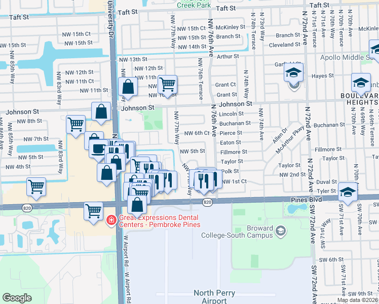 map of restaurants, bars, coffee shops, grocery stores, and more near 7750 Northwest 5th Street in Pembroke Pines