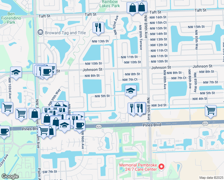 map of restaurants, bars, coffee shops, grocery stores, and more near 520 Northwest 93rd Avenue in Pembroke Pines