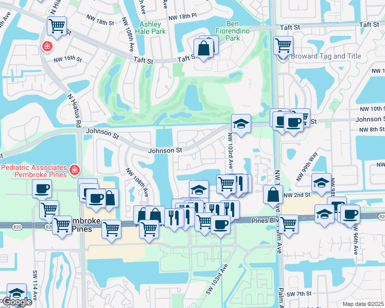 map of restaurants, bars, coffee shops, grocery stores, and more near 10561 Northwest 8th Street in Pembroke Pines