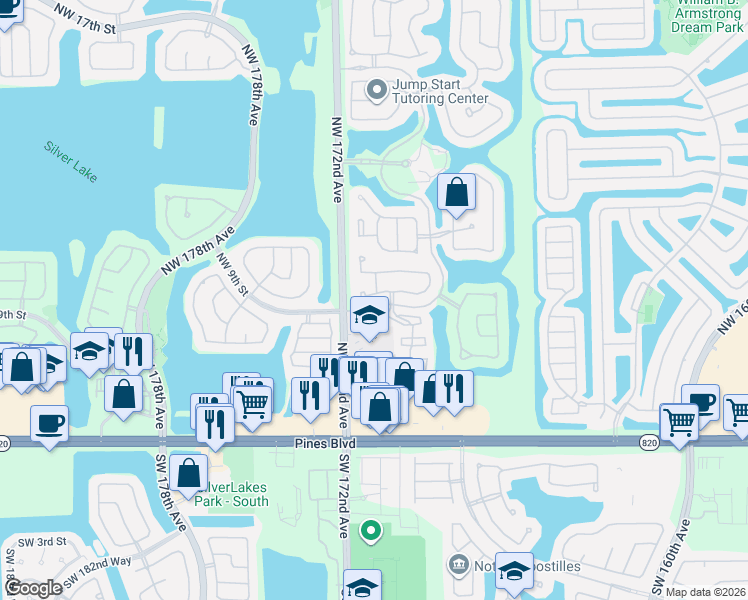 map of restaurants, bars, coffee shops, grocery stores, and more near 17136 Northwest 10th Street in Pembroke Pines