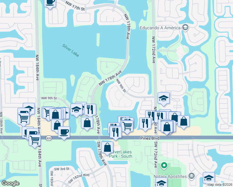 map of restaurants, bars, coffee shops, grocery stores, and more near 17525 Northwest 7th Court in Pembroke Pines