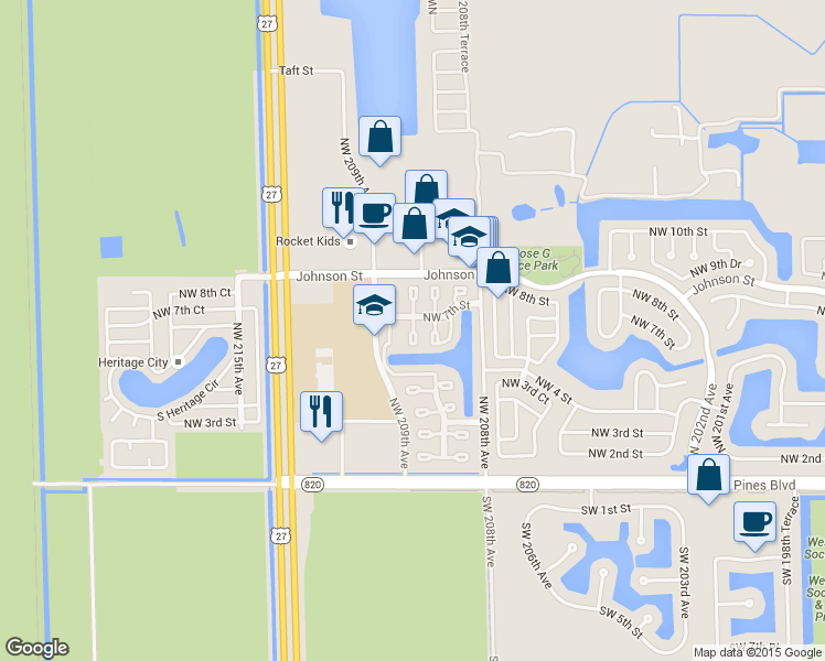 map of restaurants, bars, coffee shops, grocery stores, and more near 602 Northwest 208th Terrace in Pembroke Pines