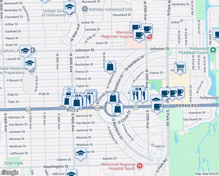 map of restaurants, bars, coffee shops, grocery stores, and more near 307 North Highland Drive in Hollywood