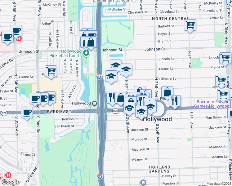 map of restaurants, bars, coffee shops, grocery stores, and more near 2826 Taylor Street in Hollywood