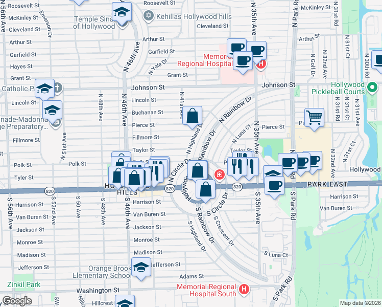 map of restaurants, bars, coffee shops, grocery stores, and more near 307 North Highland Drive in Hollywood