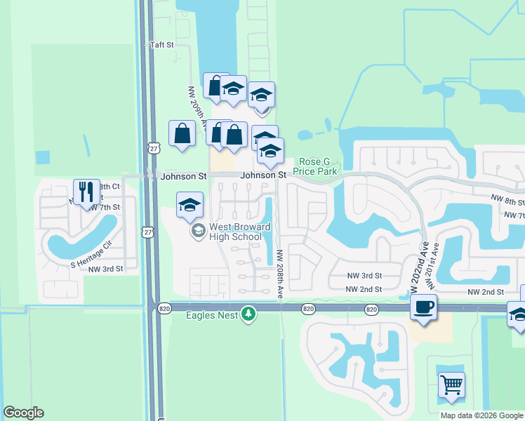 map of restaurants, bars, coffee shops, grocery stores, and more near 601 208th Circle in Pembroke Pines