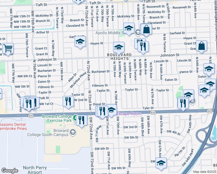 map of restaurants, bars, coffee shops, grocery stores, and more near 7040 Fillmore Street in Hollywood