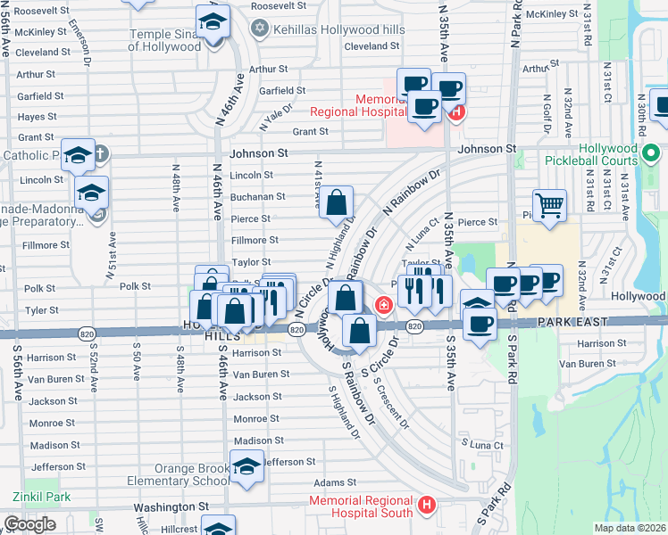 map of restaurants, bars, coffee shops, grocery stores, and more near 307 North Highland Drive in Hollywood