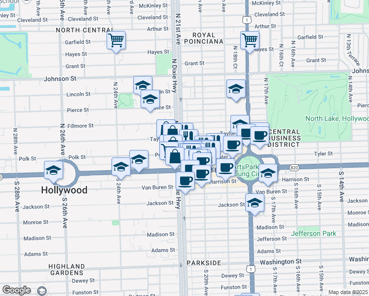 map of restaurants, bars, coffee shops, grocery stores, and more near 2030 Polk Street in Hollywood