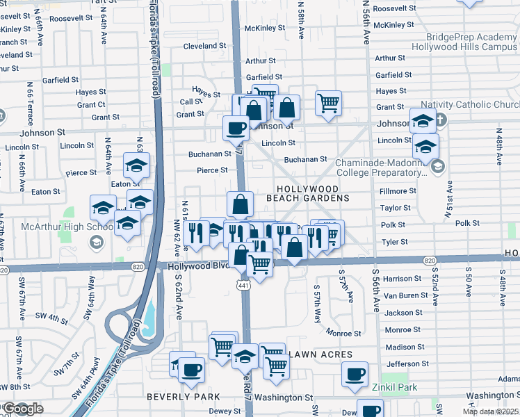 map of restaurants, bars, coffee shops, grocery stores, and more near 5923 Taylor Street in Hollywood