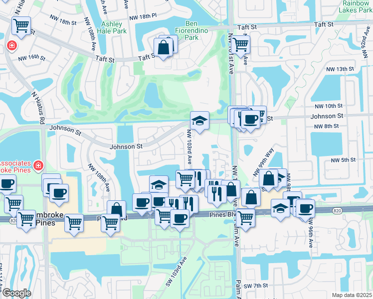 map of restaurants, bars, coffee shops, grocery stores, and more near 396 Northwest 103rd Terrace in Pembroke Pines