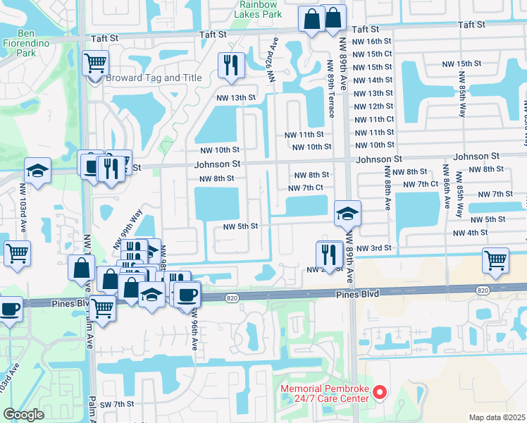 map of restaurants, bars, coffee shops, grocery stores, and more near 520 Northwest 93rd Avenue in Pembroke Pines
