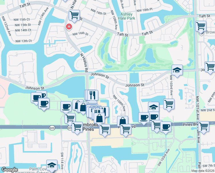 map of restaurants, bars, coffee shops, grocery stores, and more near 602 Northwest 108th Terrace in Pembroke Pines