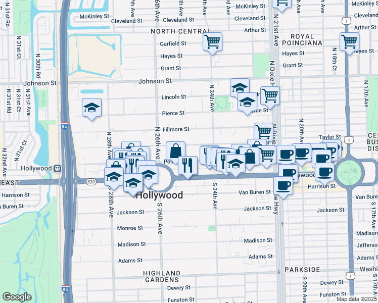map of restaurants, bars, coffee shops, grocery stores, and more near 2461 Polk Street in Hollywood