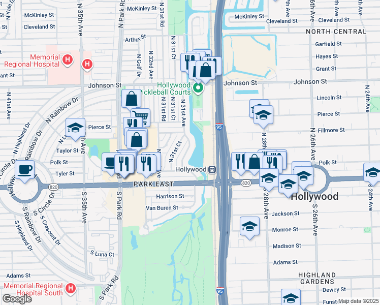 map of restaurants, bars, coffee shops, grocery stores, and more near 213 North 31st Avenue in Hollywood