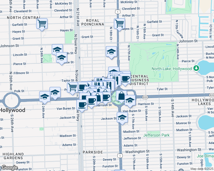 map of restaurants, bars, coffee shops, grocery stores, and more near 1892 Polk Street in Hollywood