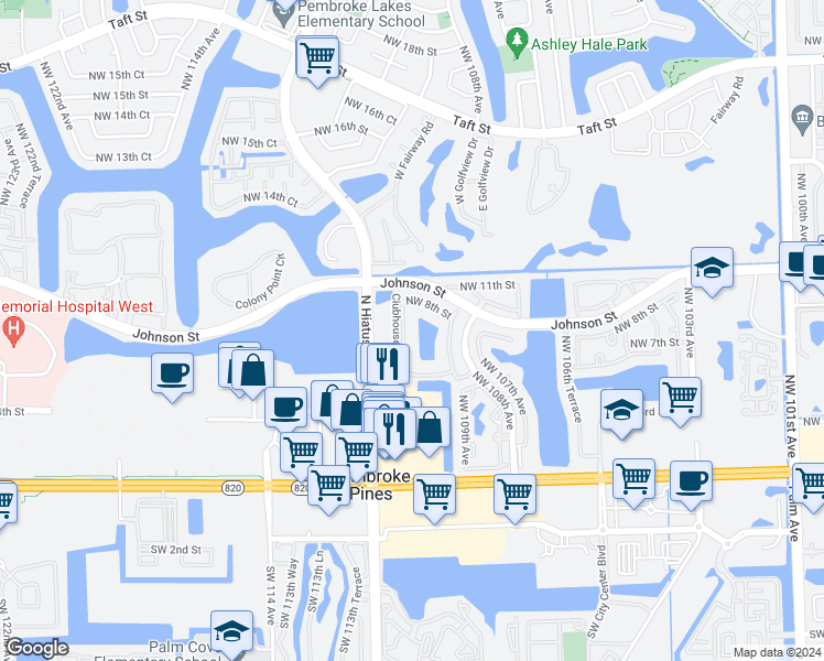 map of restaurants, bars, coffee shops, grocery stores, and more near 393 Northwest 108th Terrace in Pembroke Pines
