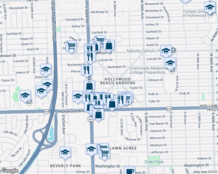 map of restaurants, bars, coffee shops, grocery stores, and more near 5829 Taylor Street in Hollywood