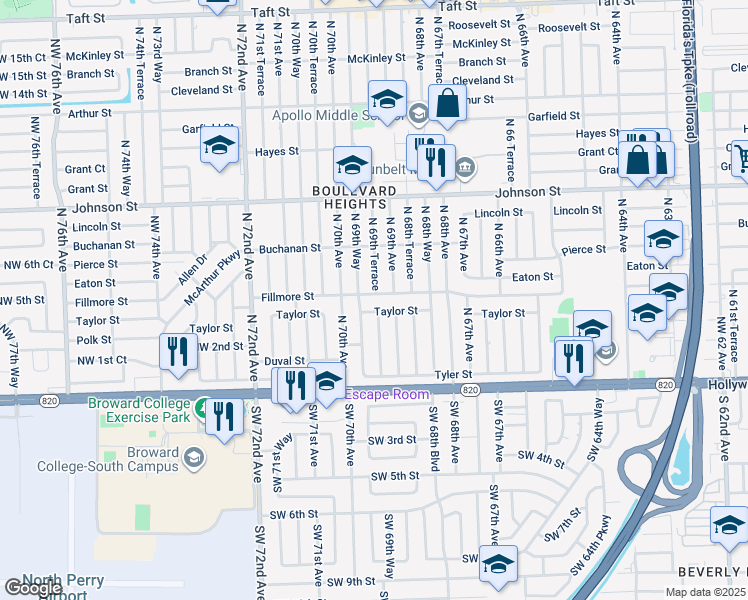 map of restaurants, bars, coffee shops, grocery stores, and more near 6940 Fillmore Street in Hollywood