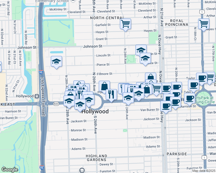 map of restaurants, bars, coffee shops, grocery stores, and more near 2461 Polk Street in Hollywood