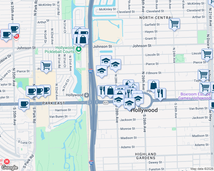map of restaurants, bars, coffee shops, grocery stores, and more near 2826 Taylor Street in Hollywood
