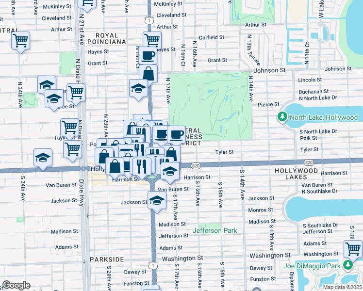 map of restaurants, bars, coffee shops, grocery stores, and more near 1641 Tyler Street in Hollywood