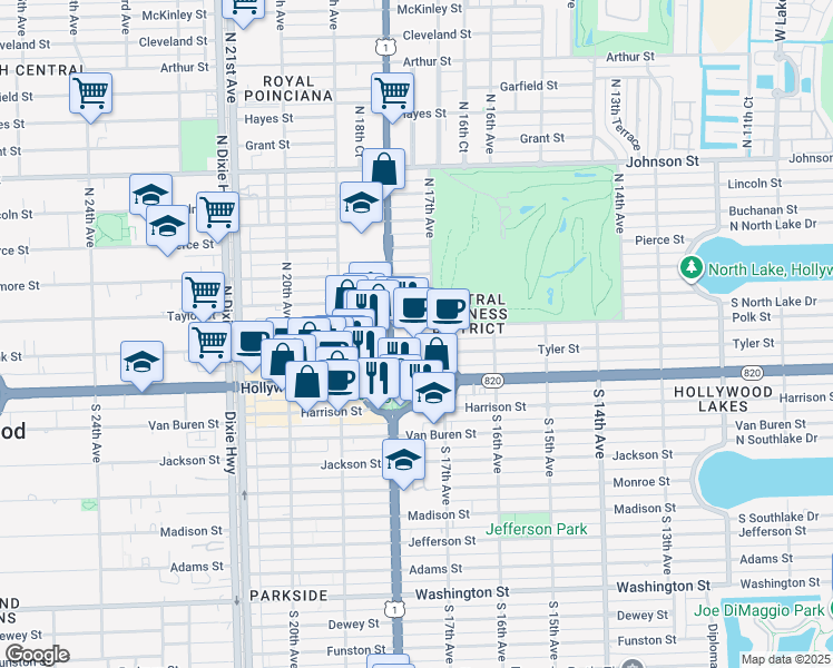 map of restaurants, bars, coffee shops, grocery stores, and more near 1776 Polk Street in Hollywood