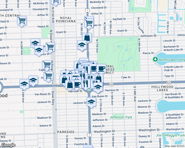 map of restaurants, bars, coffee shops, grocery stores, and more near 1776 Polk Street in Hollywood