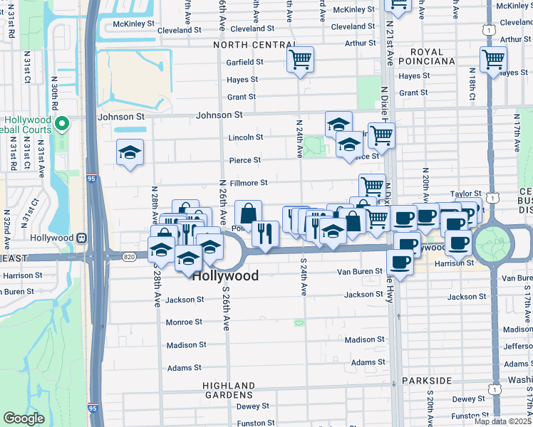 map of restaurants, bars, coffee shops, grocery stores, and more near 2461 Polk Street in Hollywood