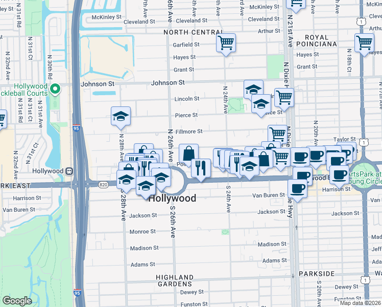 map of restaurants, bars, coffee shops, grocery stores, and more near 2461 Polk Street in Hollywood