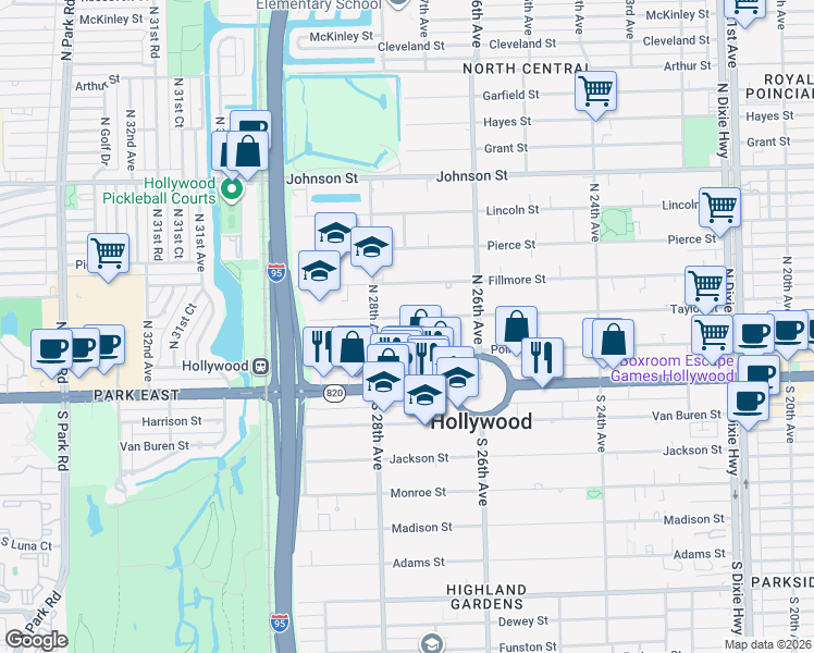 map of restaurants, bars, coffee shops, grocery stores, and more near 2700 Taylor Street in Hollywood