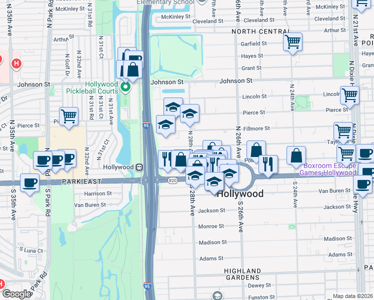 map of restaurants, bars, coffee shops, grocery stores, and more near 319 North 28th Avenue in Hollywood