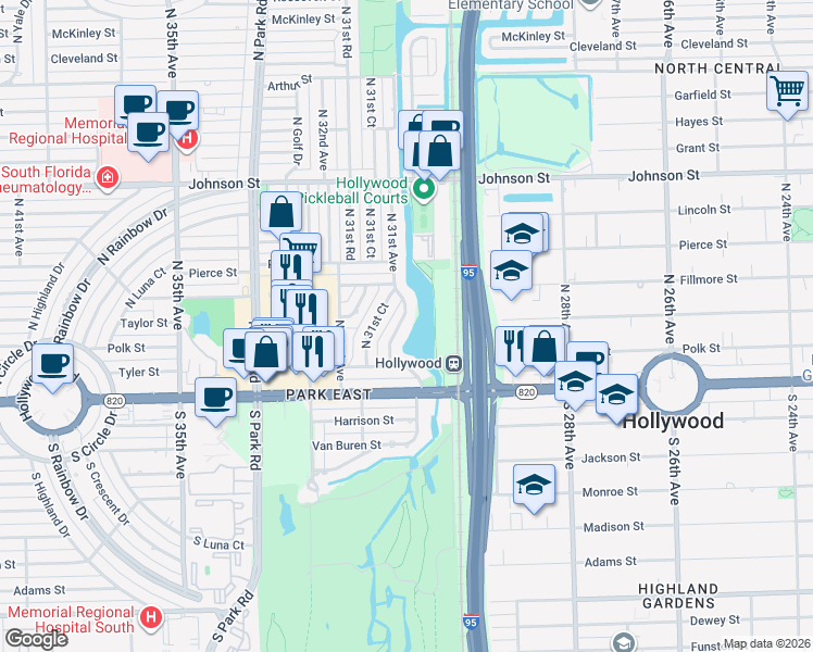 map of restaurants, bars, coffee shops, grocery stores, and more near 213 North 31st Avenue in Hollywood