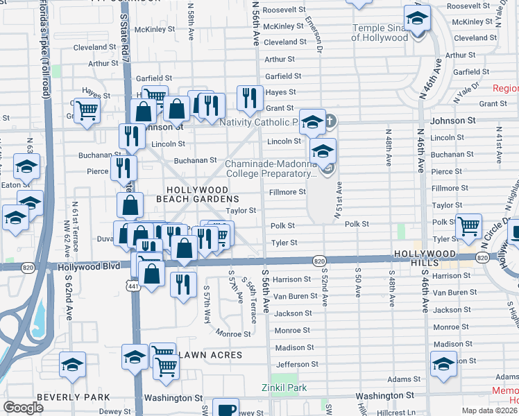 map of restaurants, bars, coffee shops, grocery stores, and more near 5614 Taylor Street in Hollywood