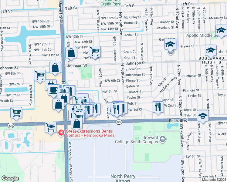 map of restaurants, bars, coffee shops, grocery stores, and more near 7630 Northwest 5th Street in Pembroke Pines